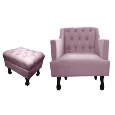 Imagem de Kit Poltrona Decorativa Julia + Puff Luis Xv Suede Rosê Pés Madeira Ms
