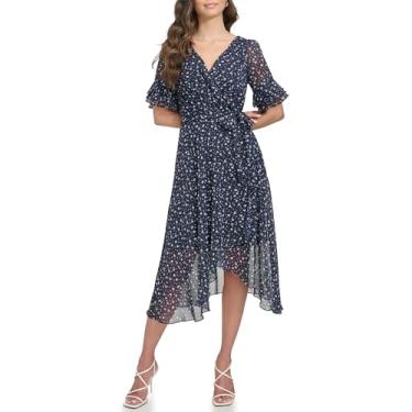 Imagem de DKNY Vestido midi feminino balão meia manga falso envoltório, Azul-marinho/creme, 42