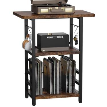 Imagem de YAKANJ Suporte para toca-discos com mesa estendida, mesa grande para toca-discos com armazenamento de vinil, suporte para toca-discos com suporte de vinil para sala de música, estúdio, retrô