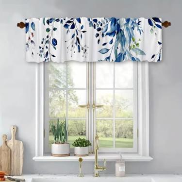 Imagem de Cortinas de cozinha verde-azulado eucalipto folhas botânicas sanefas janela flor azul turquesa plantas florais botânicas flores silvestres quarto banheiro sala de estar tratamento 137 x 45 cm