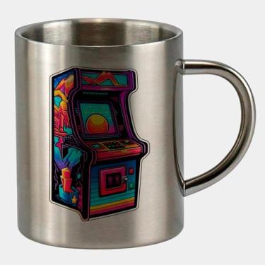 Imagem de Caneca de Inox Prateada Premium 400ml - FLIPERAMA NEON RETROWAVE