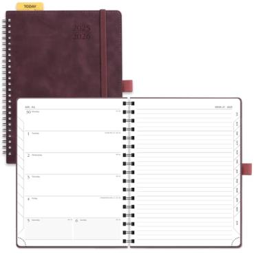 Imagem de POPRUN Caderno semanal Planner 2025-2026 (médio 21 x 16,5 cm), calendário acadêmico (25 de julho a 26 de junho) Livro de compromissos com abas mensais, capa macia em espiral, bolso interno, 100 g/m²
