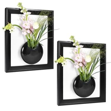 Imagem de Qacoczme Conjunto de 2 vasos de cerâmica com moldura de madeira para parede, decoração de casa moderna de mesa ou pendurar na parede, decoração rústica boho de casa de fazenda para sala de estar