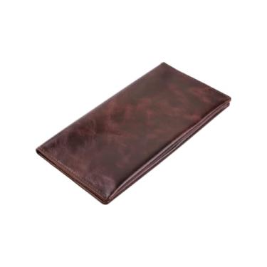 Imagem de Carteira de couro genuíno marrom (couro, costura durável, dobra ao meio, comporta 4 cartões, bolso para moedas, compartimento plano para notas), Marrom, Bifold clássico