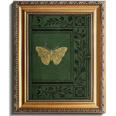 Imagem de Uniro Arte de parede vintage emoldurada em ouro, pôsteres de borboleta clássica, decoração de arte de parede verde esmeralda com moldura antiga, decoração de parede verde sálvia imagens para quarto