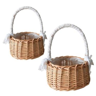 Imagem de Cesta de daminha de flor com decoração de renda, 2 peças de cesta de vime de vime com forro e alça à prova d'água, organizador de armazenamento portátil para presentes de festa de casamento