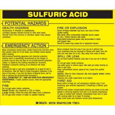 Imagem de Brady 93736, Etiqueta do material perigoso: Ponto 5800.4-1987, 9,5 cm de altura x 11,5 cm de largura, preto em amarelo, legenda "Ácido sulfúrico" (25 por embalagem)