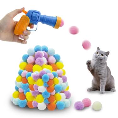 Imagem de Andiker Lançador de bolas para gatos, 100 peças de pelúcia coloridas de 3 cm para gatos com pompom, brinquedos para gatos interativos para gatos internos para manter a forma, brinquedo de Natal para