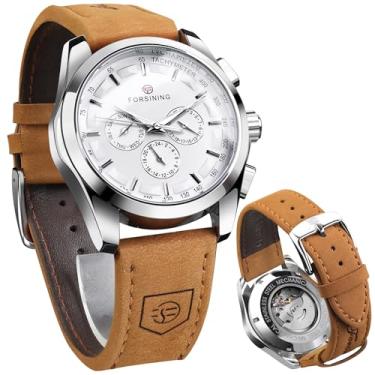 Imagem de FORSINING Relógio esportivo masculino transparente, pulseira de couro genuíno de luxo moderno relógio esqueleto mecânico automático relógios masculinos, Branco