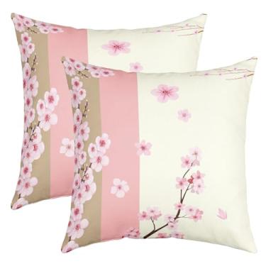 Imagem de Erosebridal Capas de almofada de flor de cerejeira 50 x 50 cm, conjunto de 2 capas de almofada com tema romântico, rosa, flores de cerejeira, decorativas, estilo japonês, decoração floral rosa para