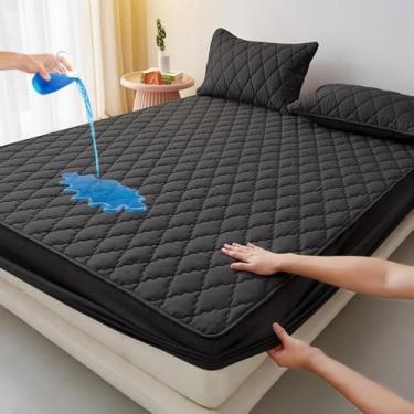 Imagem de Protetor de colchão elástico capa de colchão de algodão de cor lisa protetor de colchão respirável e agradável para a pele lençol ajustável suave-preto, único 35 x 79 polegadas