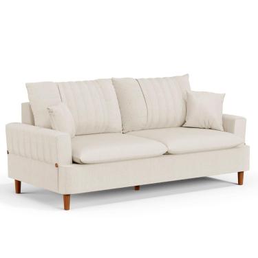 Imagem de Sofá 180cm 3 Lugares Com Almofadas Pés Curvos Veras Linho D05 Cru - Mpozenato