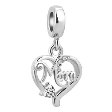 Imagem de QeenseKc Pingente Heart Mom com pingente de zircônia cúbica compatível com pulseira Pandora feminina banhada a prata