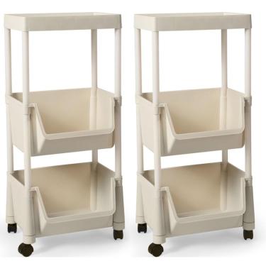 Imagem de Kit 2 Carrinho Multiuso Prático 3 Prateleiras Em Plástico Com Rodízio - Creme