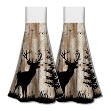 Imagem de WADORN Conjunto de 2 toalhas penduradas para cozinha veado florestal, toalha de mão vintage de animais selvagens com gancho de laço, toalhas de gravata suspensas, toalha de prato, toalha de chá, 31,5