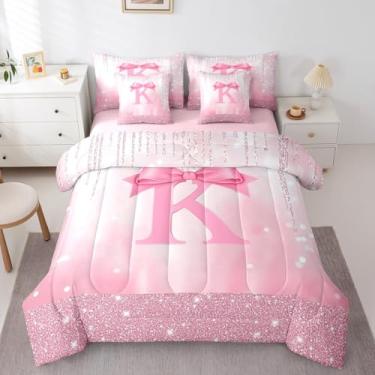 Imagem de Feelyou Conjunto de cama infantil com laço rosa, 7 peças, com inicial K personalizada em uma bolsa, conjunto de edredom princesa com glitter, para meninos e meninas, alfabeto, 7 peças