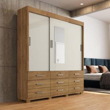 Imagem de Guarda Roupa Casal c/ Espelho 3 Portas Correr 9 Gavetas Itapema Cedro 