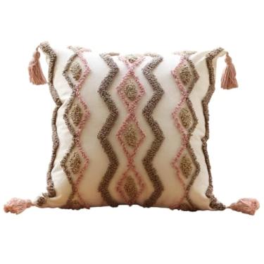 Imagem de NIDITW Capa de almofada Tufting 45,7 x 45,7 cm, listra geométrica, boêmia, luxuosa, decoração de casa, jacquard bordada, com borlas feitas à mão, macia e fofa para sofá de fazenda (ondas)