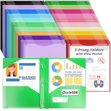 Imagem de Oleitodh Pastas de plástico com bolsos – pacote com 60 20 cores e 2 pastas de bolso a granel com 2 compartimentos para cartões de visita, pastas de arquivo resistentes para escola, escritório em casa