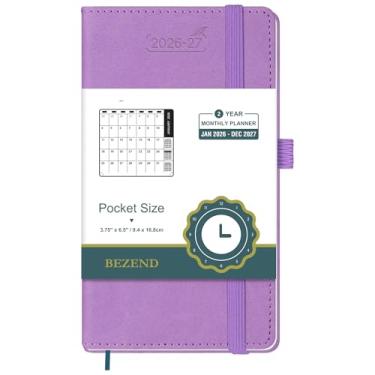 Imagem de BEZEND Agenda mensal de bolso 2026-2027 (8,9 cm x 16,5 cm) Livro de calendário de 2 anos para bolsa com páginas de notas, papel 100 GSM, bolso interno, suporte para caneta, capa dura de couro vegano