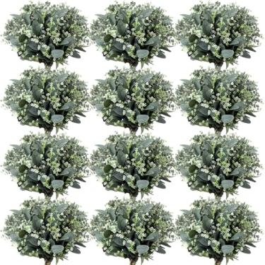 Imagem de Janinka Folhas mistas de eucalipto, caules a granel com sementes brancas, folhas artificiais prateadas, folhas de dólar, sprays ovais artificiais para guirlandas, buquês florais, arranjos de decoração