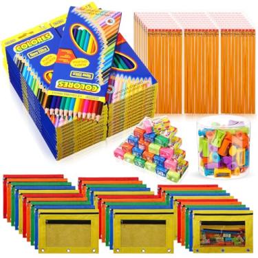 Imagem de Dinifee 50 conjuntos de material de volta às aulas para crianças, inclui 50 lápis de cor, pacote com 50, lápis HB, 50 unidades, bolsa de lápis, 50 borrachas, 72 peças, apontador de lápis para sala de