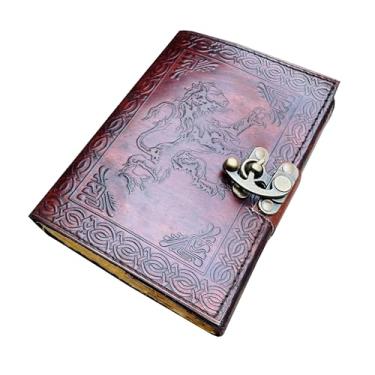 Imagem de Pearl Leather Diário de couro em relevo feito à mão, marrom, 120 páginas, caderno pessoal de laticínios celta, leão em relevo, diário de couro em relevo, 18 x 12 cm
