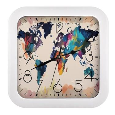 Imagem de EKYOSHCZ Relógio de parede abstrato com impressão de mapa-múndi silencioso sem tique-taque operado por bateria, caixa colorida, relógio quadrado para quarto, sala de estar, escritório, casa