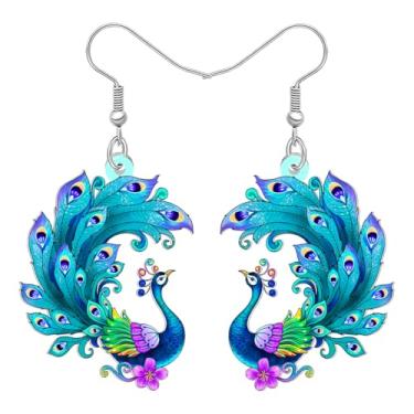 Imagem de DOWAY Brincos de pavão elegantes de acrílico com pingente de pássaro azul primavera verão joias natureza pavão presentes para mulheres mães amantes de pássaros, Medium, Acrílico, Sem pedra preciosa