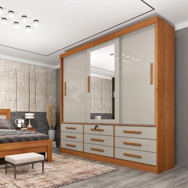 Imagem de Guarda Roupa Roupeiro Casal Chicago 3 portas Com Espelho Cinamomo Off White - Tcil