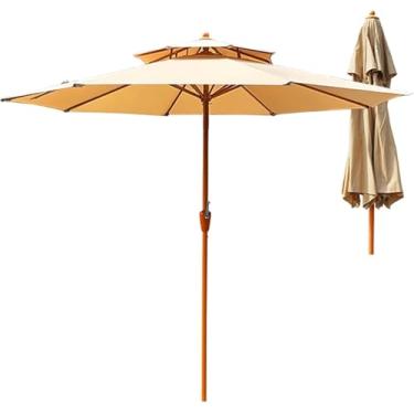 Imagem de Guarda-sol De Pátio Redondo De 9ft Com Ventilação Dupla, Guarda-sol De Mesa Ao Ar Livre De Haste De Ferro De Cor Semelhante à Madeira, Abertura E Fechamento De Manivela Com, Beige, 270cm