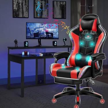 Imagem de Cadeira De Jogos Com Luzes Led E Alto-falantes Cadeira De Corrida De Computador Com Apoio Para Os Pés E Suporte Lombar Cadeira Ergonômica Rgb De Escritório Com Encosto De Cabeça, Black