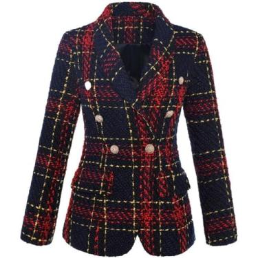 Imagem de Blazer Xadrez Vintage Tweed Retro Slim Fit Jaqueta Feminina Outwear, Burgundy, L