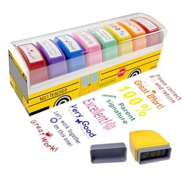 Imagem de Carimbos de professores para sala de aula, carimbo de motivação autotinta com bandeja de ônibus escolar, itens essenciais para sala de aula, presentes de agradecimento de professores de fim de ano
