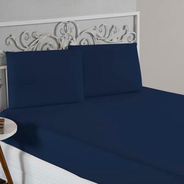 Imagem de Jogo De Lençol 100% Algodão Malha Toque Macio Com Elástico Jogo de Cama Casal Queen King 03 Peças (Marinho, King 3 Peças)