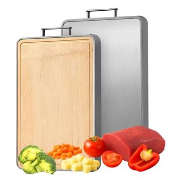 Imagem de Tábua De Cortar Carne legumes churrasco Dupla Face Bambu Inox - ZEM