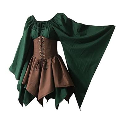 Imagem de Bichingda Vestido feminino tradicional irlandês renascentista medieval fantasia flare manga flare espartilho Halloween vestido curto vitoriano, Verde, X-Large