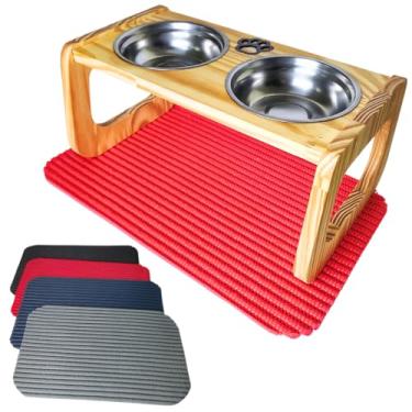 Imagem de Comedouro Elevado para Cães Médios de Madeira Pinus | Acompanha Tapete Emborrachado 53x28cm | Tigelas de Inox | Design Moderno | Tratamento òleo Mineral Atóxico (Vermelho)