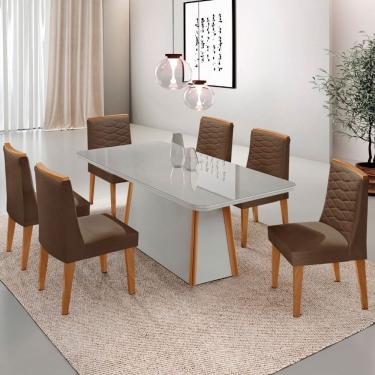 Imagem de Mesa de Jantar Diane 180cm Tampo MDF Vidro com 6 Cadeiras Eloise Moderna Mobília