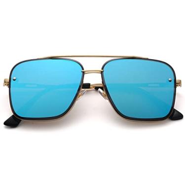 Imagem de Breaksun Óculos de sol aviador quadrados grandes para homens e mulheres moderno armação de metal aviador óculos de sol lentes matizadas, Espelhado dourado/azul, MM