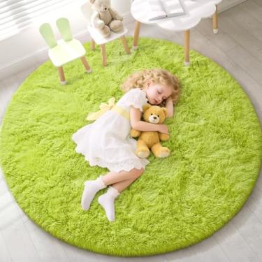Imagem de EVOIONOS Tapete redondo de grama verde para quarto, tapetes macios de 1,12 x 1,2 m para sala de estar, tapete circular felpudo de pelúcia para meninas de cabeceira, lavável na máquina, decoração de