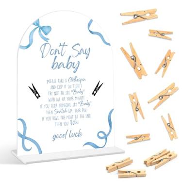 Imagem de Jogos de chá de bebê - Blue Bow Don't Say Baby Clothprin, 1 placa e 50 mini prendedores de roupa, jogo de revelação de gênero, suprimentos de decoração de chá de bebê azul (ARI02)