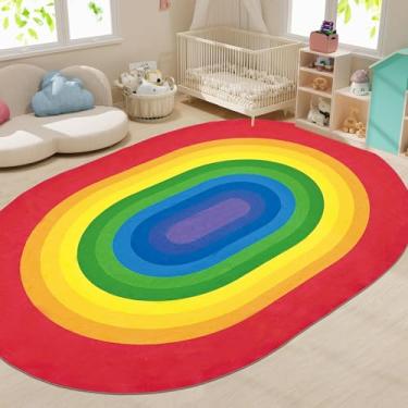 Imagem de USTIDE Tapete grande oval infantil 15 x 23, tapete colorido para sala de aula, antiderrapante, lavável, oceano, tapete circular arco-íris para sala de jogos, quarto de crianças