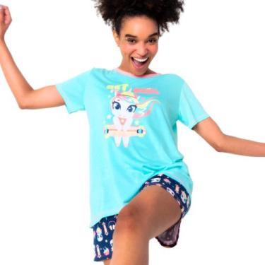 Imagem de Pijama Manga Curta Feminino Algodão Unicórnio Skate Verde Água PP ao G