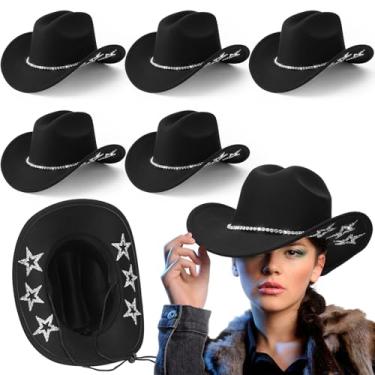 Imagem de Hercicy 6 peças de chapéu de cowboy com estrela brilhante de feltro preto com cordão ajustável adequado para homens e mulheres