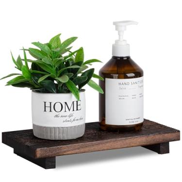 Imagem de Bandeja de banheiro para decoração de casa de fazenda, suporte de pedestal de madeira, acessórios de cozinha, suporte de sabão para pia, balcão, penteadeira, 28 x 14 cm, marrom escuro