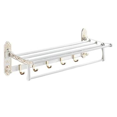 Imagem de Prateleira de chuveiro Toalheiro com barra de toalha e 7 ganchos, prateleira dobrável de 49,8 cm com entalhado requintado, suporte de parede de armazenamento de toalhas para banheiro prateleira de