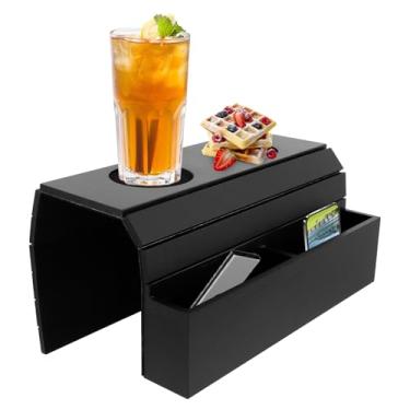 Imagem de Bandeja de mesa de braço de sofá dobrável de bambu com suporte de copo multiuso para sofá, apoio de braço, mesa organizadora para bebidas e lanches, revista de controle remoto (preto)