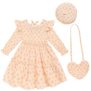 Imagem de Toddler Girl Dress Kids Long Sleeve Ruffle Dresses Fall Winter Outfit Hat Bag Floral Girls Casual Playwear Dress