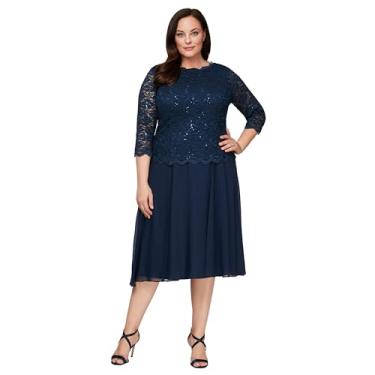 Imagem de Alex Evenings Vestido feminino plus size de renda com comprimento de chá, Azul marino, 50
